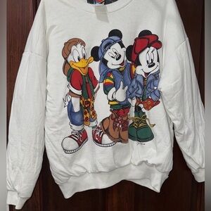 Disney Vintage Reversible White Crewneck Sweater with Mickey, Minnie, and Donald
